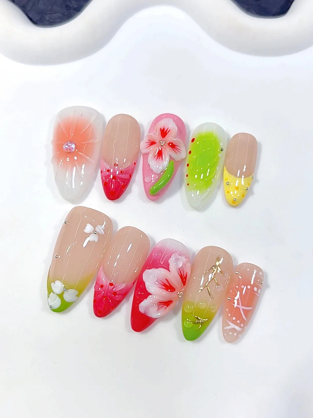 D643 - Medium Pink Green Almond Kawaii 3D Flowers - view 3