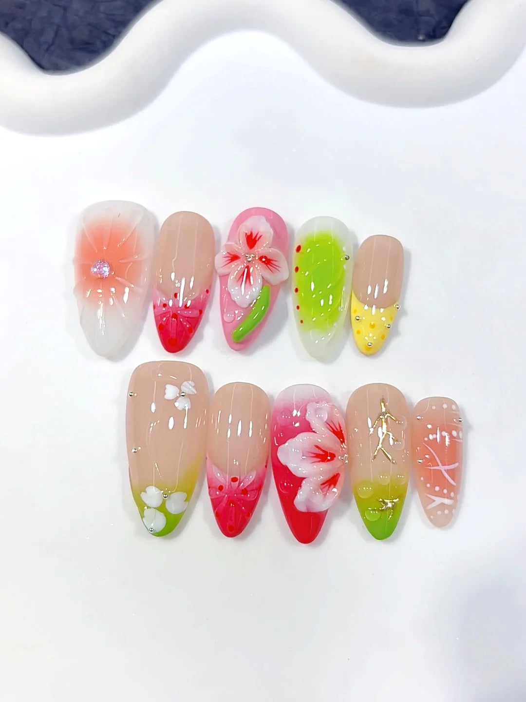 D643 - Medium Pink Green Almond Kawaii 3D Flowers - view 1