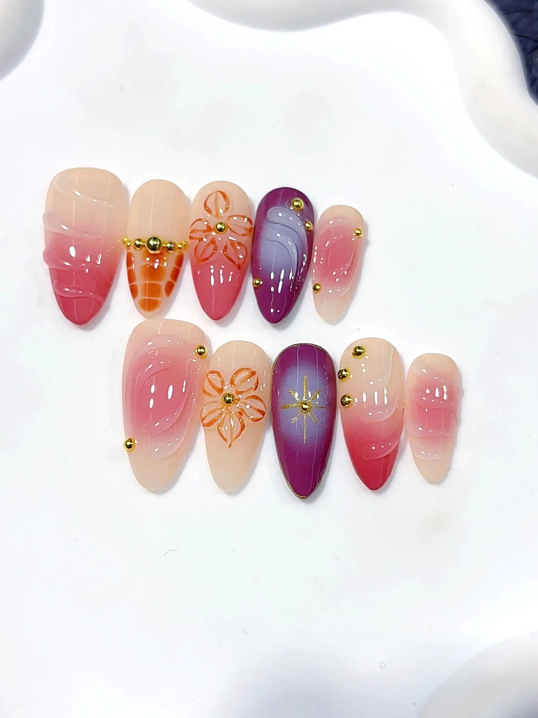 D644 - Medium Burgundy Almond Aura Marble 3D Flowers - view 3