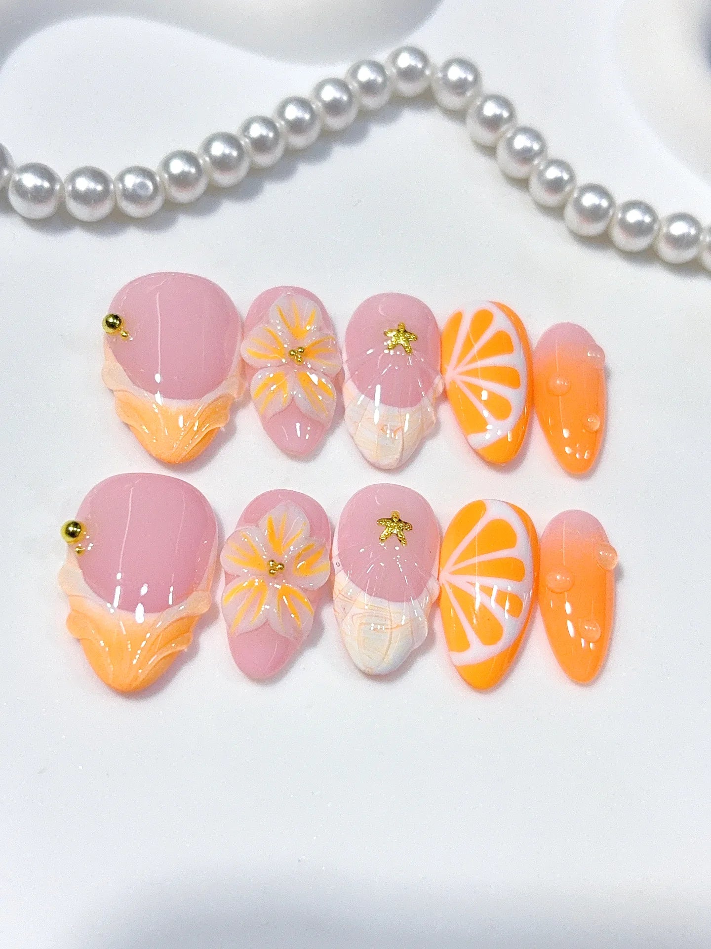 D645 - Short Peach Orange Almond French Tip 3D Flowers - view 4