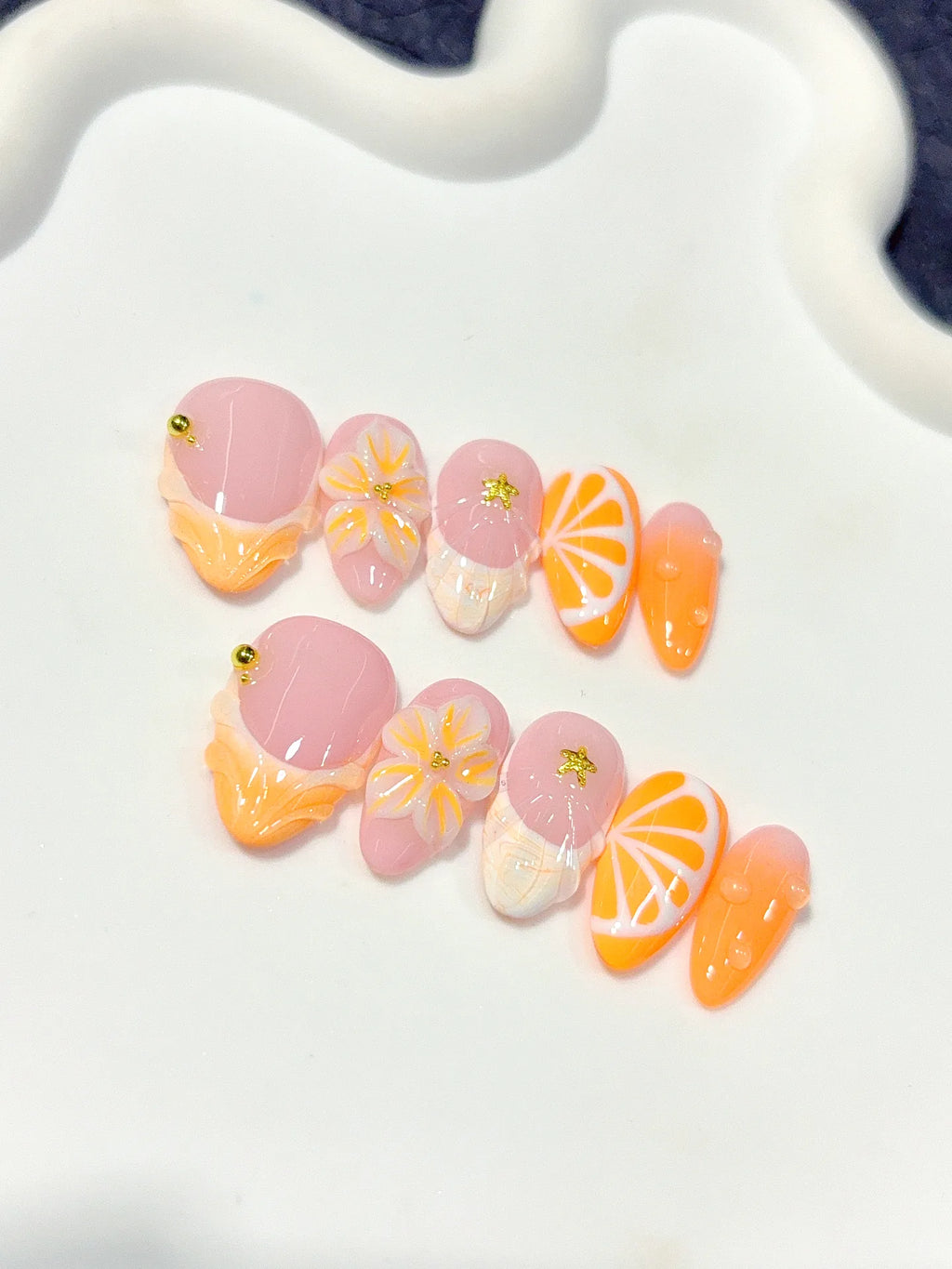D645 - Short Peach Orange Almond French Tip 3D Flowers - view 5