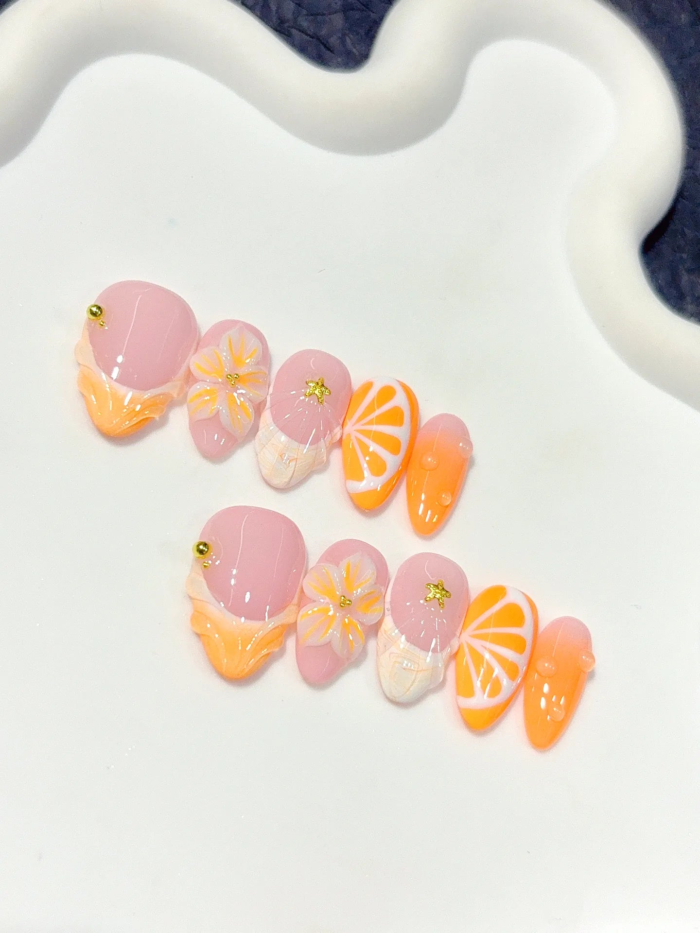 D645 - Short Peach Orange Almond French Tip 3D Flowers - view 2