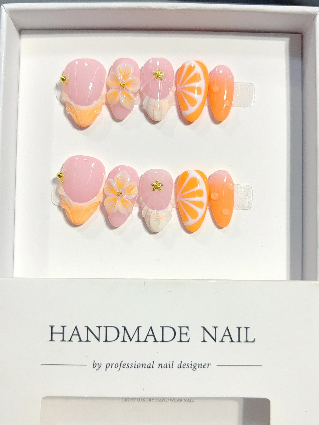 D645 - Short Peach Orange Almond French Tip 3D Flowers - view 7