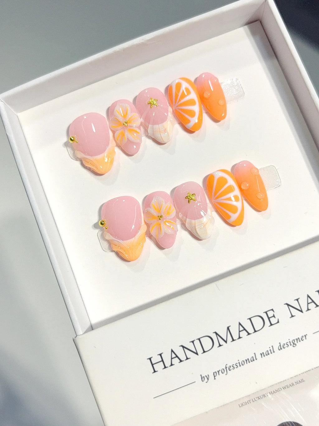 D645 - Short Peach Orange Almond French Tip 3D Flowers - view 3