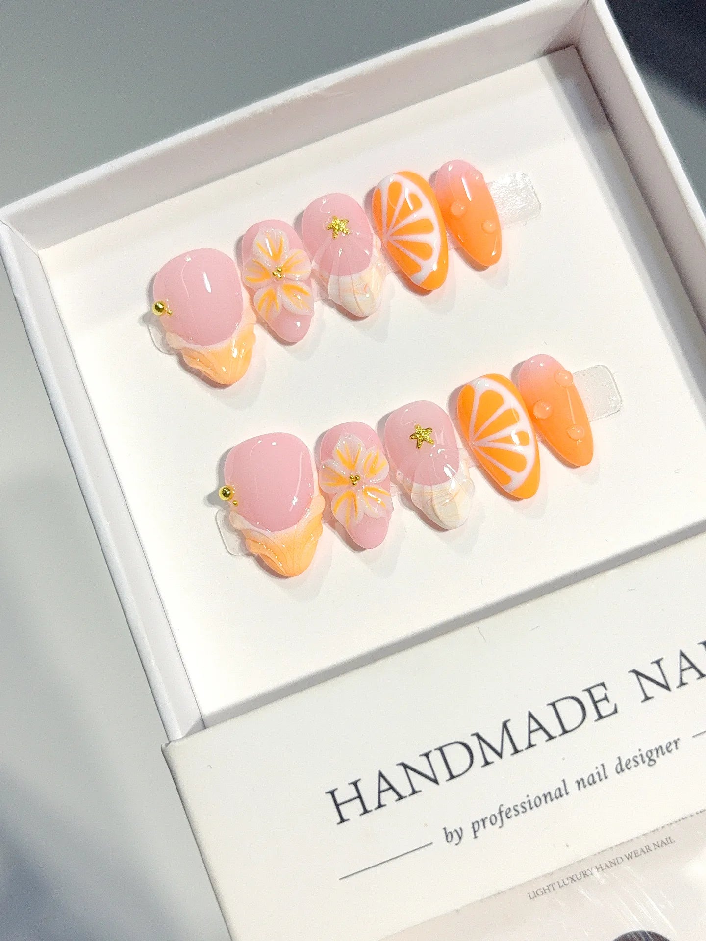 D645 - Short Peach Orange Almond French Tip 3D Flowers - view 3