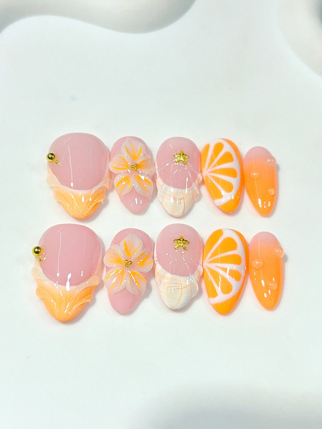 D645 - Short Peach Orange Almond French Tip 3D Flowers - view 1