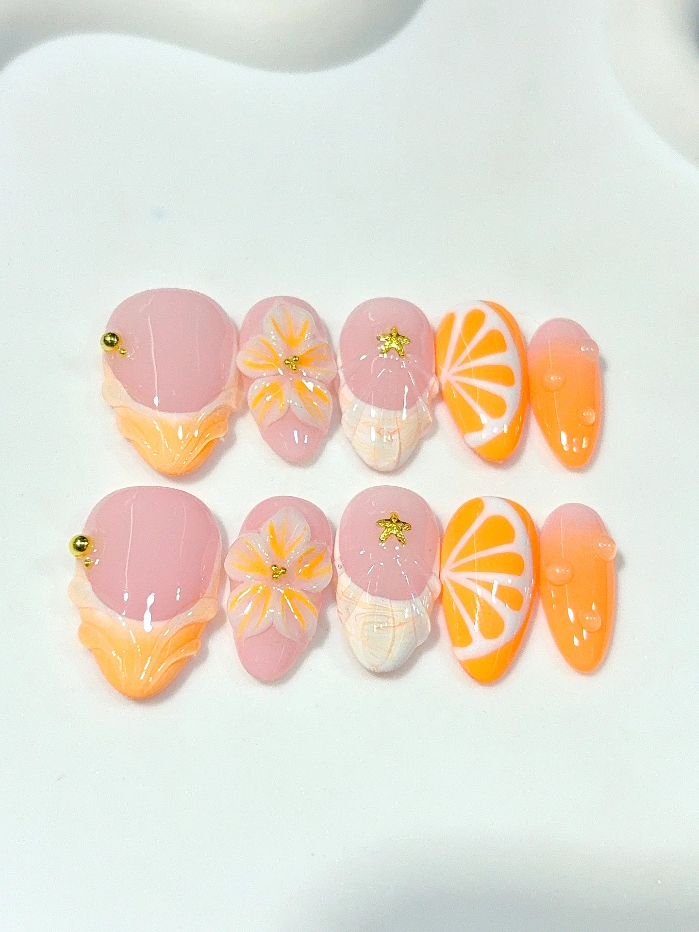 D645 - Short Peach Orange Almond French Tip 3D Flowers - view 1