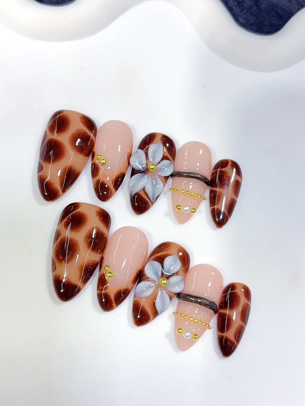 D647 - Medium Brown Black Almond Leopard Print French 3D Charms - view 4