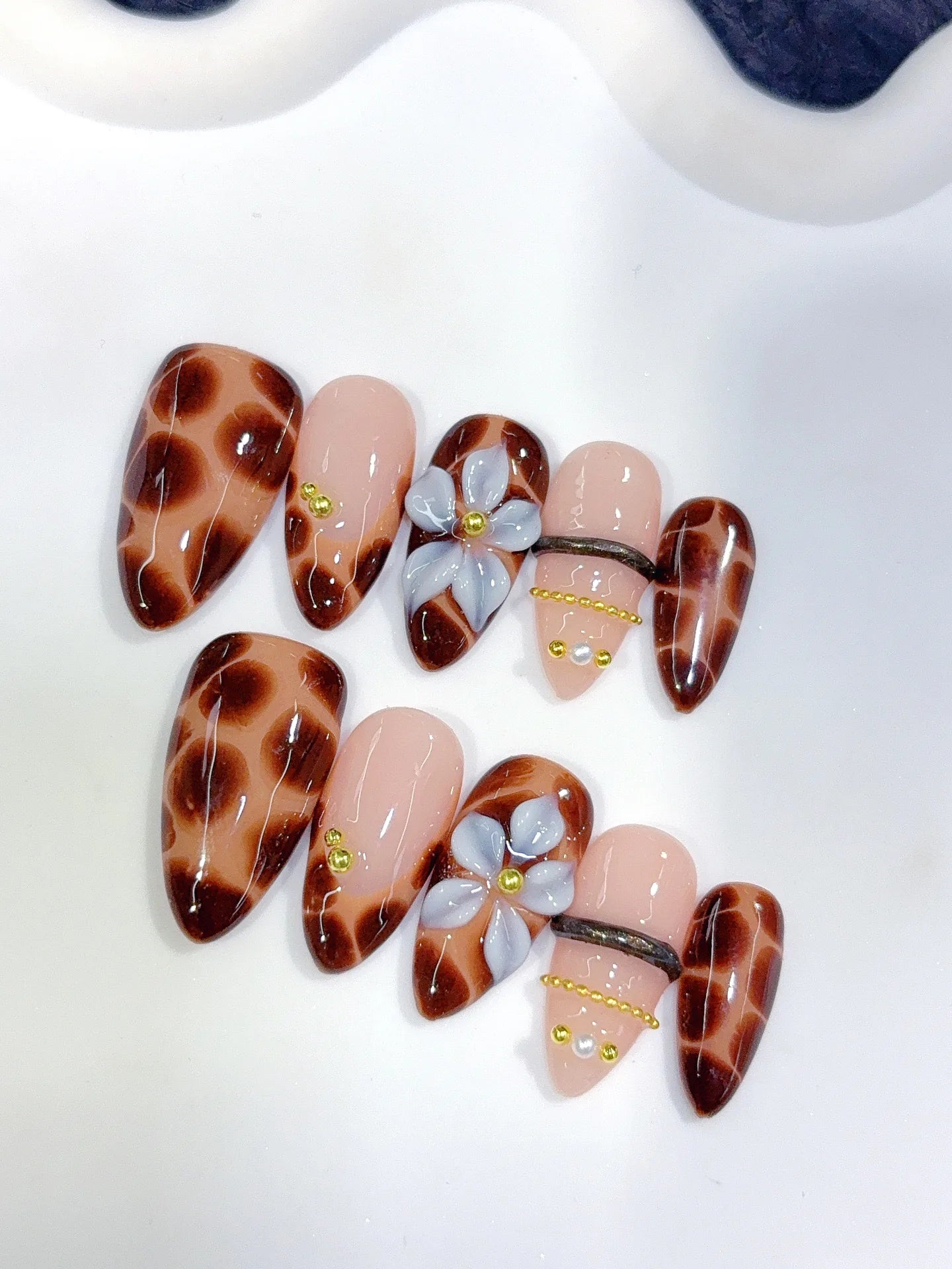 D647 - Medium Brown Black Almond Leopard Print French 3D Charms - view 4