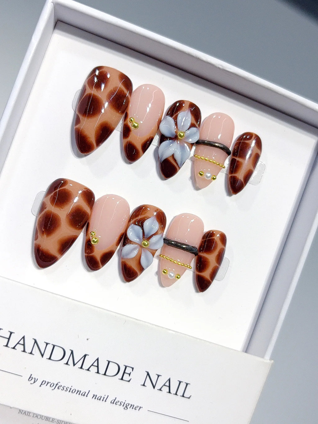 D647 - Medium Brown Black Almond Leopard Print French 3D Charms - view 2