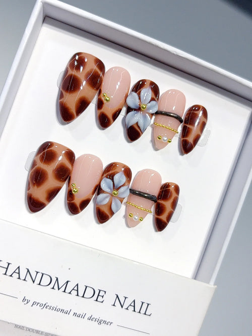 D647 - Medium Brown Black Almond Leopard Print French 3D Charms - view 2