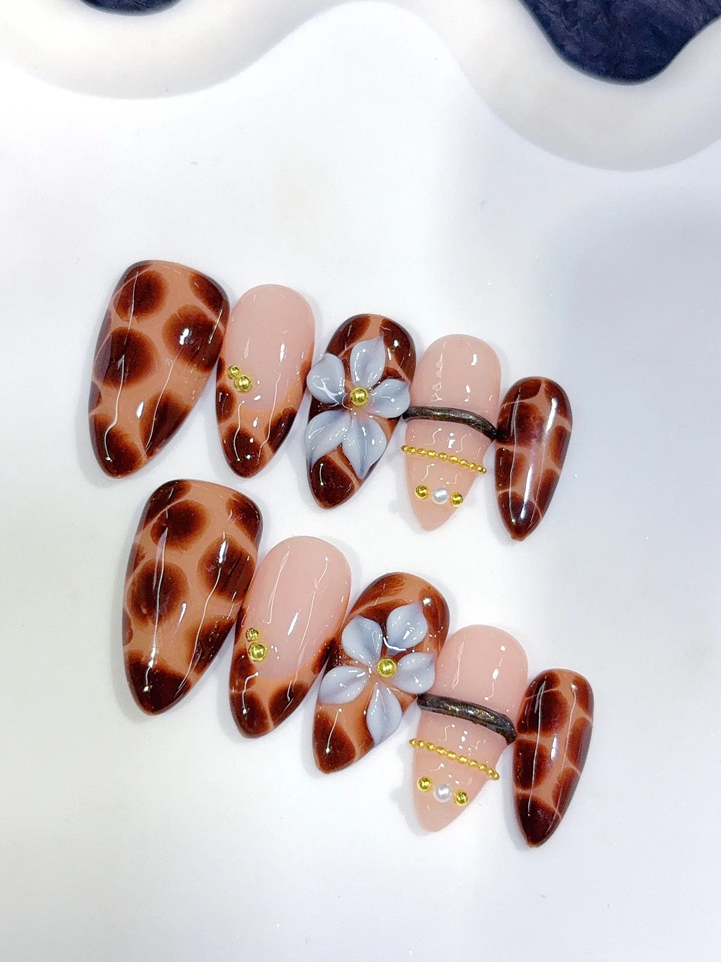D647 - Medium Brown Black Almond Leopard Print French 3D Charms - view 7