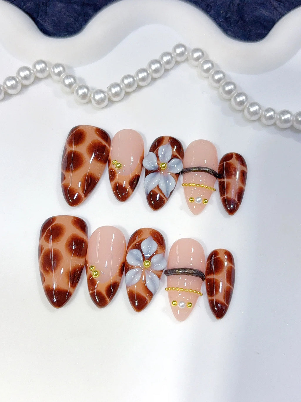 D647 - Medium Brown Black Almond Leopard Print French 3D Charms - view 1
