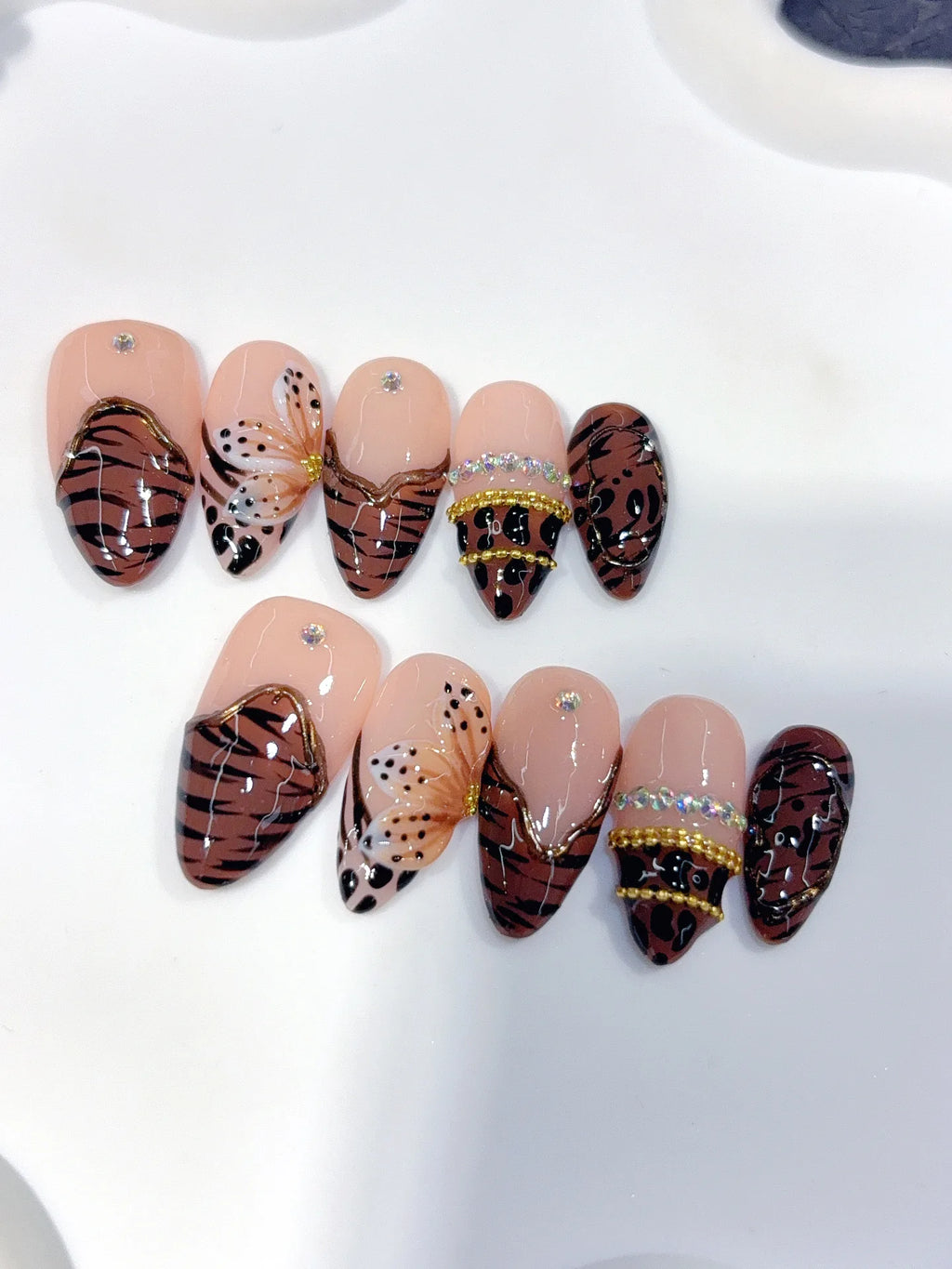 D648 - Medium Nude Brown Almond Abstract Line French 3D Flowers - view 4