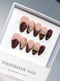 D648 - Medium Nude Brown Almond Abstract Line French 3D Flowers - view 5