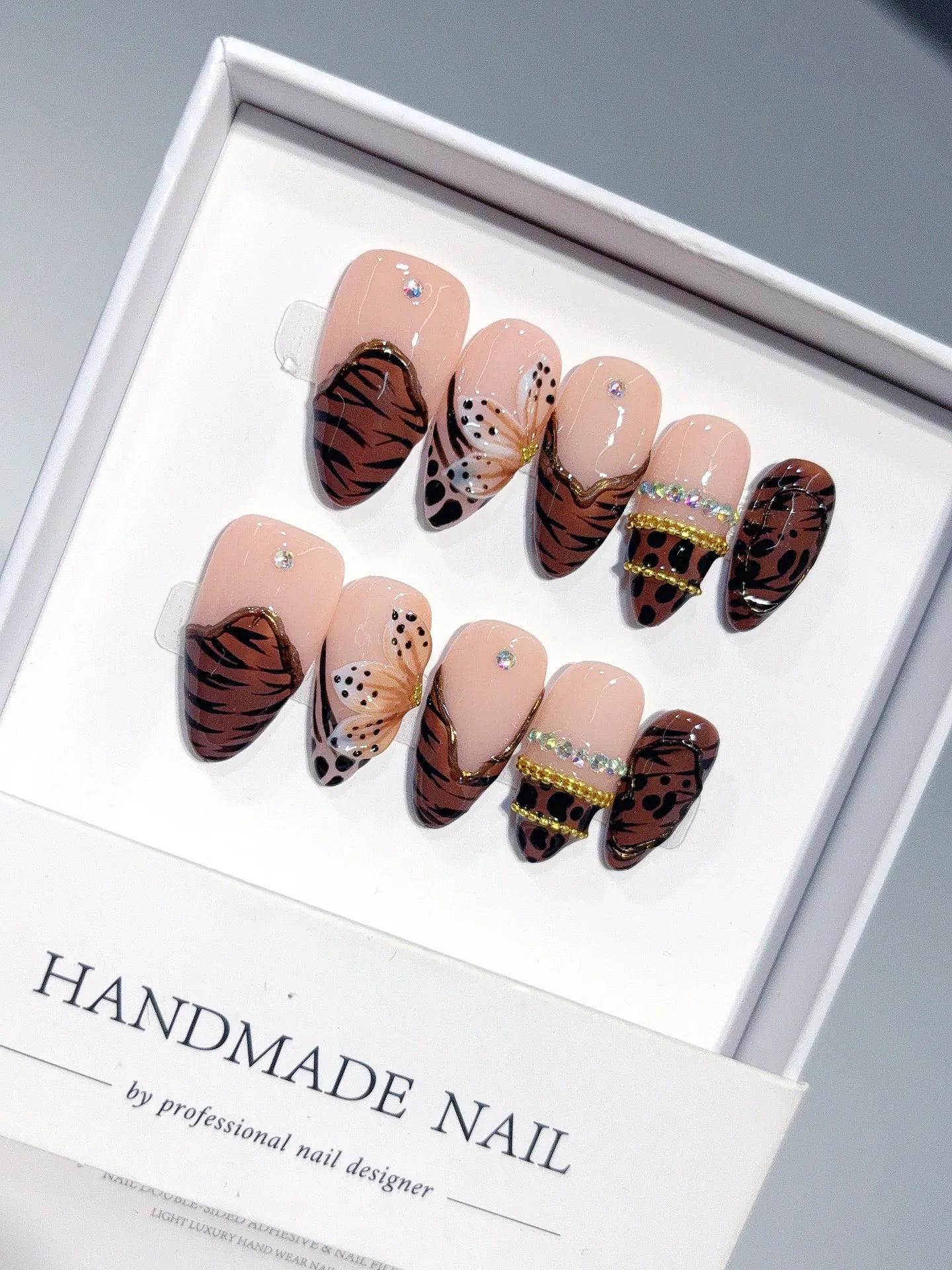 D648 - Medium Nude Brown Almond Abstract Line French 3D Flowers - view 5