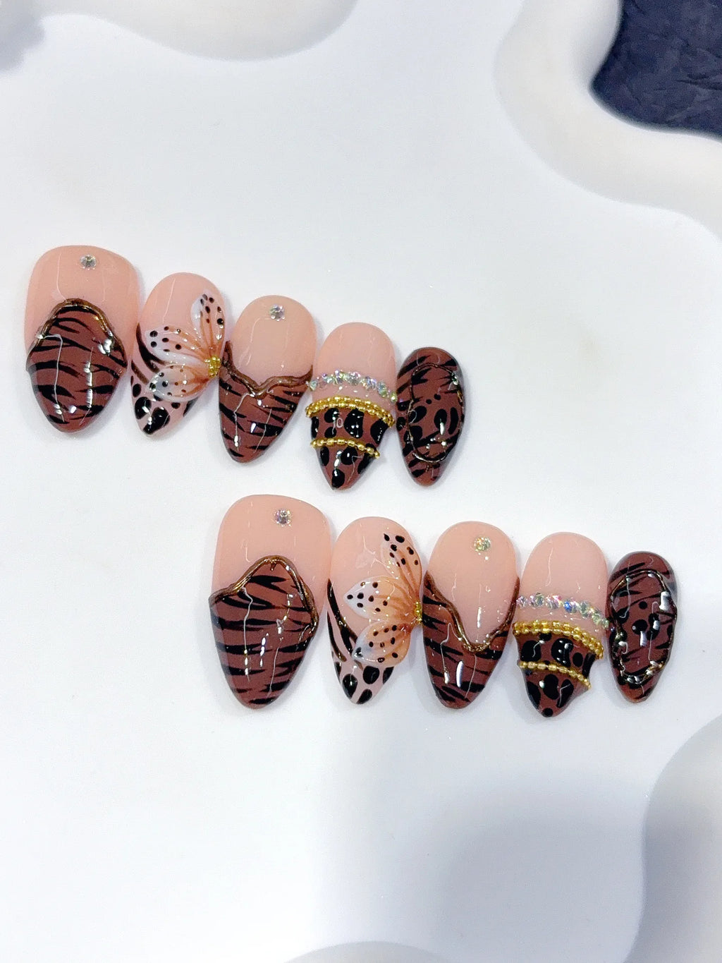 D648 - Medium Nude Brown Almond Abstract Line French 3D Flowers - view 2