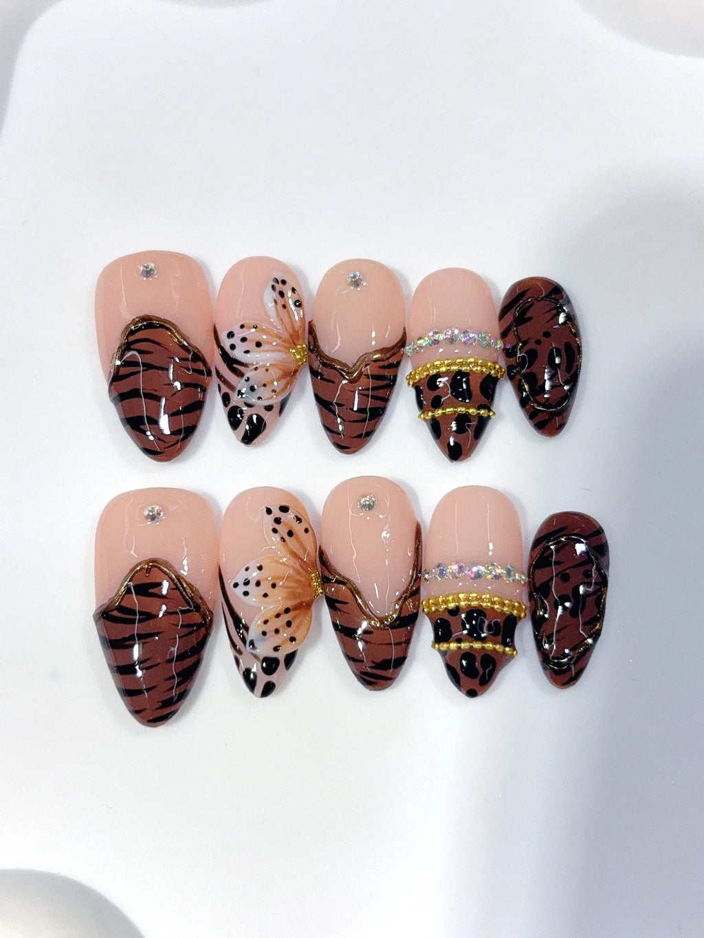 D648 - Medium Nude Brown Almond Abstract Line French 3D Flowers - view 7