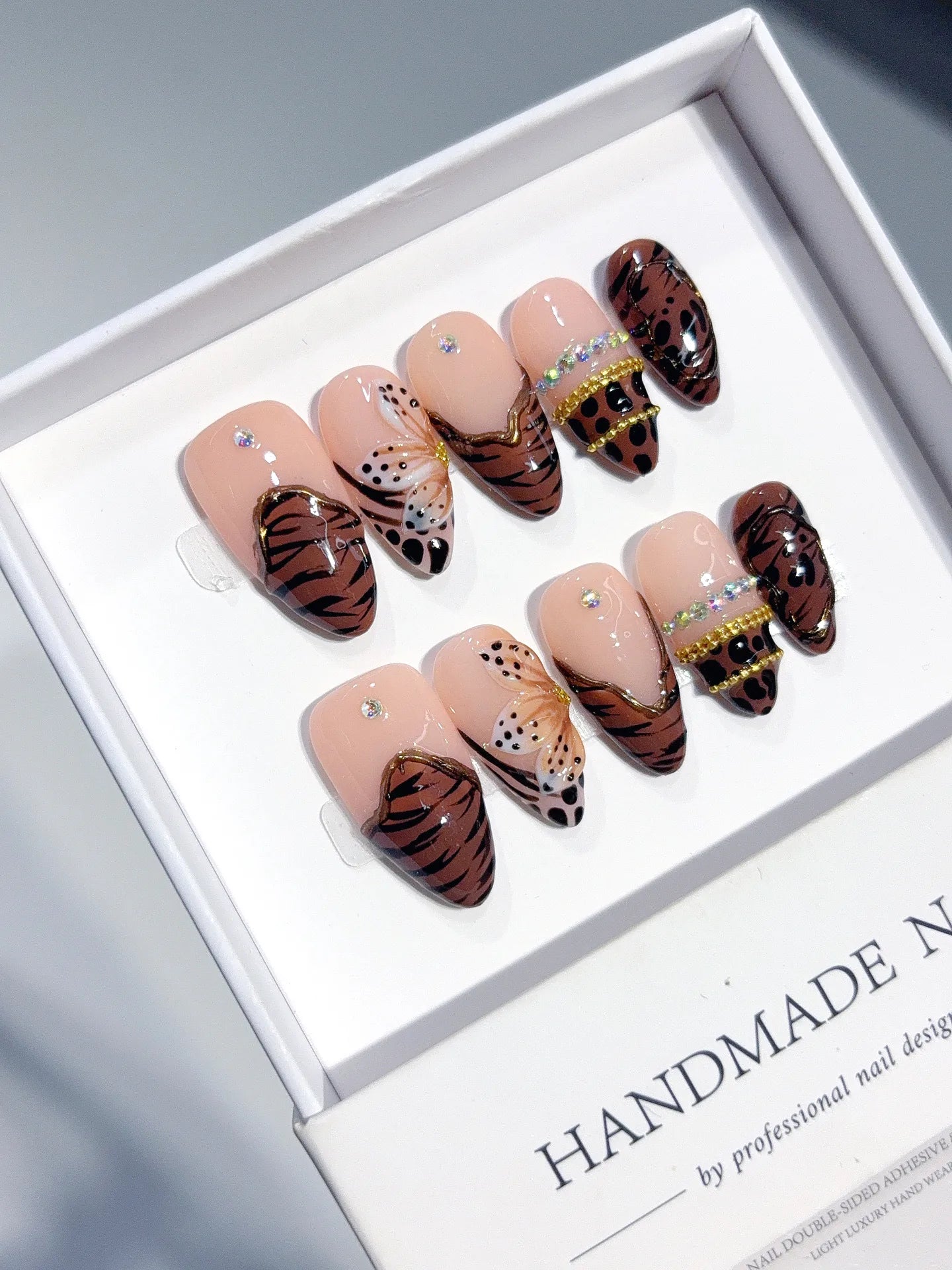 D648 - Medium Nude Brown Almond Abstract Line French 3D Flowers - view 3