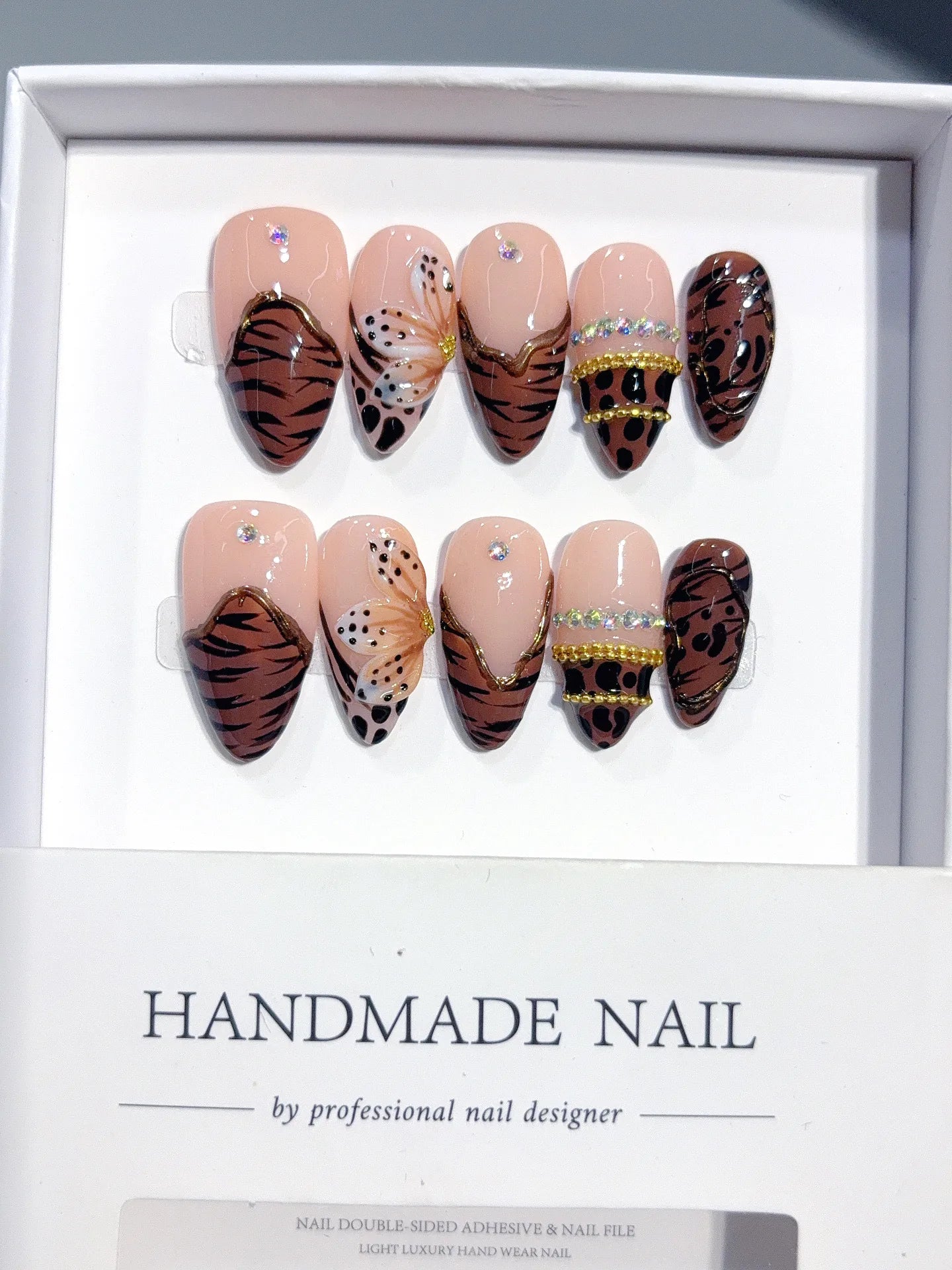 D648 - Medium Nude Brown Almond Abstract Line French 3D Flowers - view 1