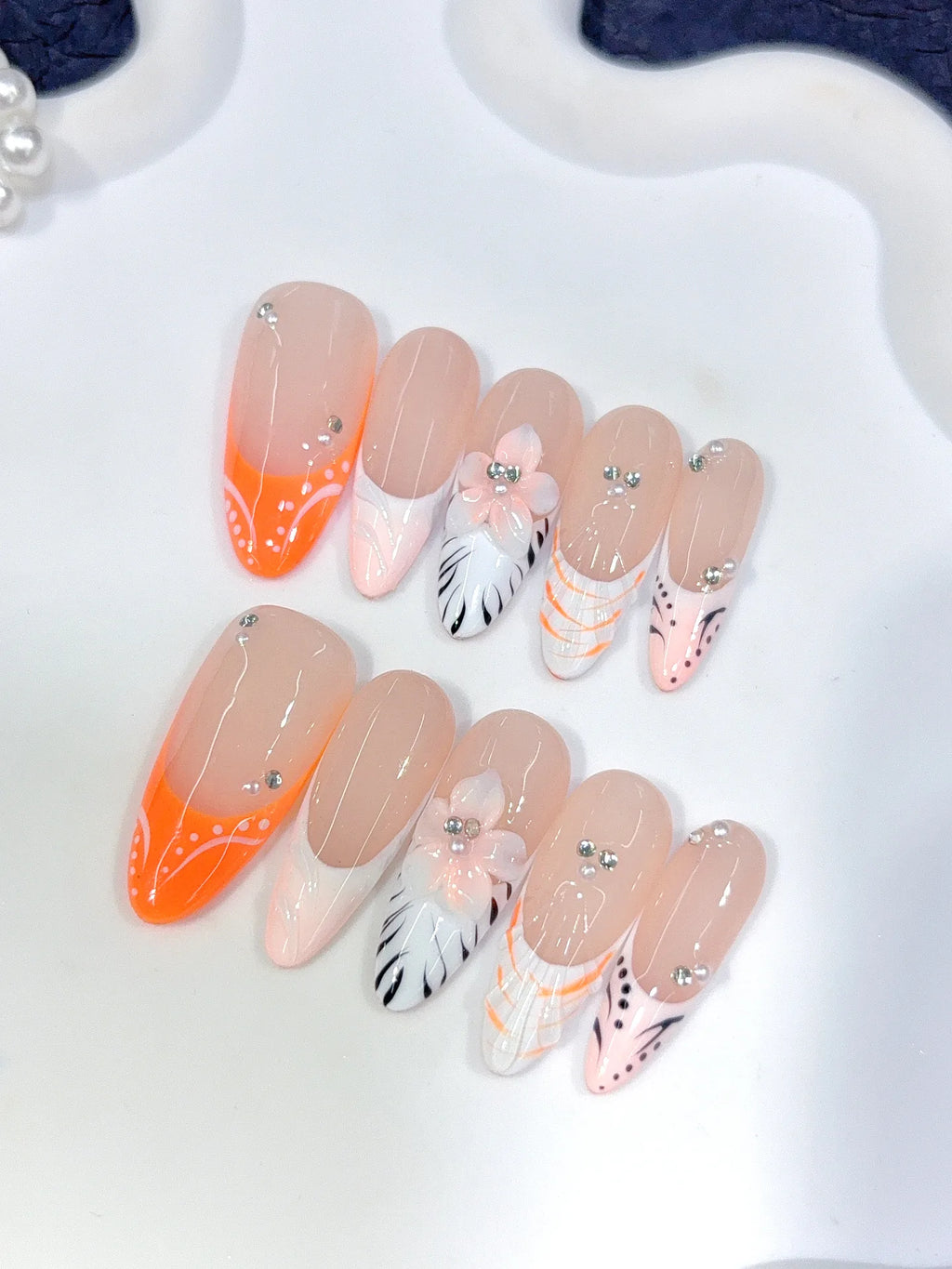 D649 - Long Nude Orange Almond French Tip Silver Line Bows - view 4