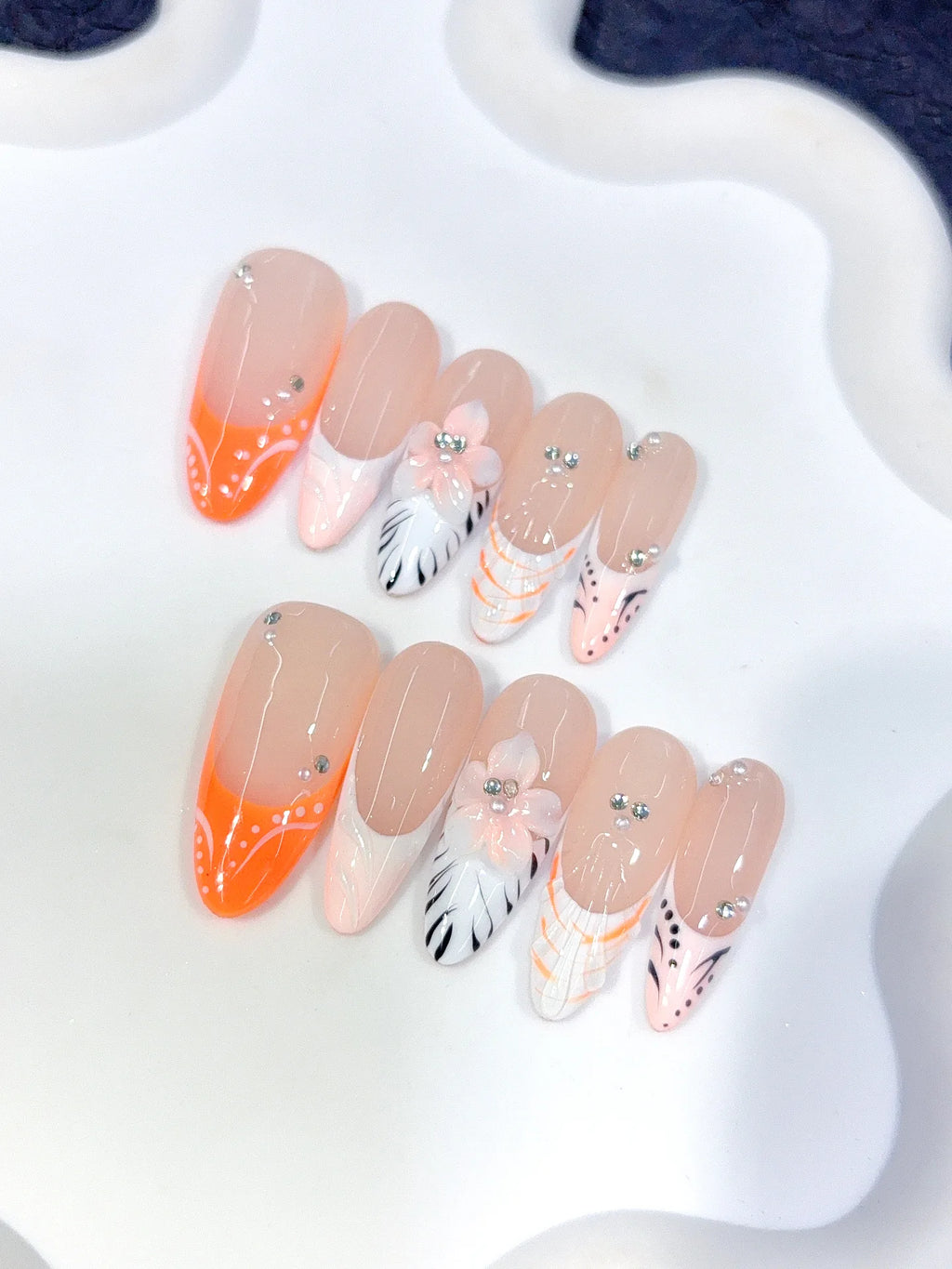 D649 - Long Nude Orange Almond French Tip Silver Line Bows - view 5