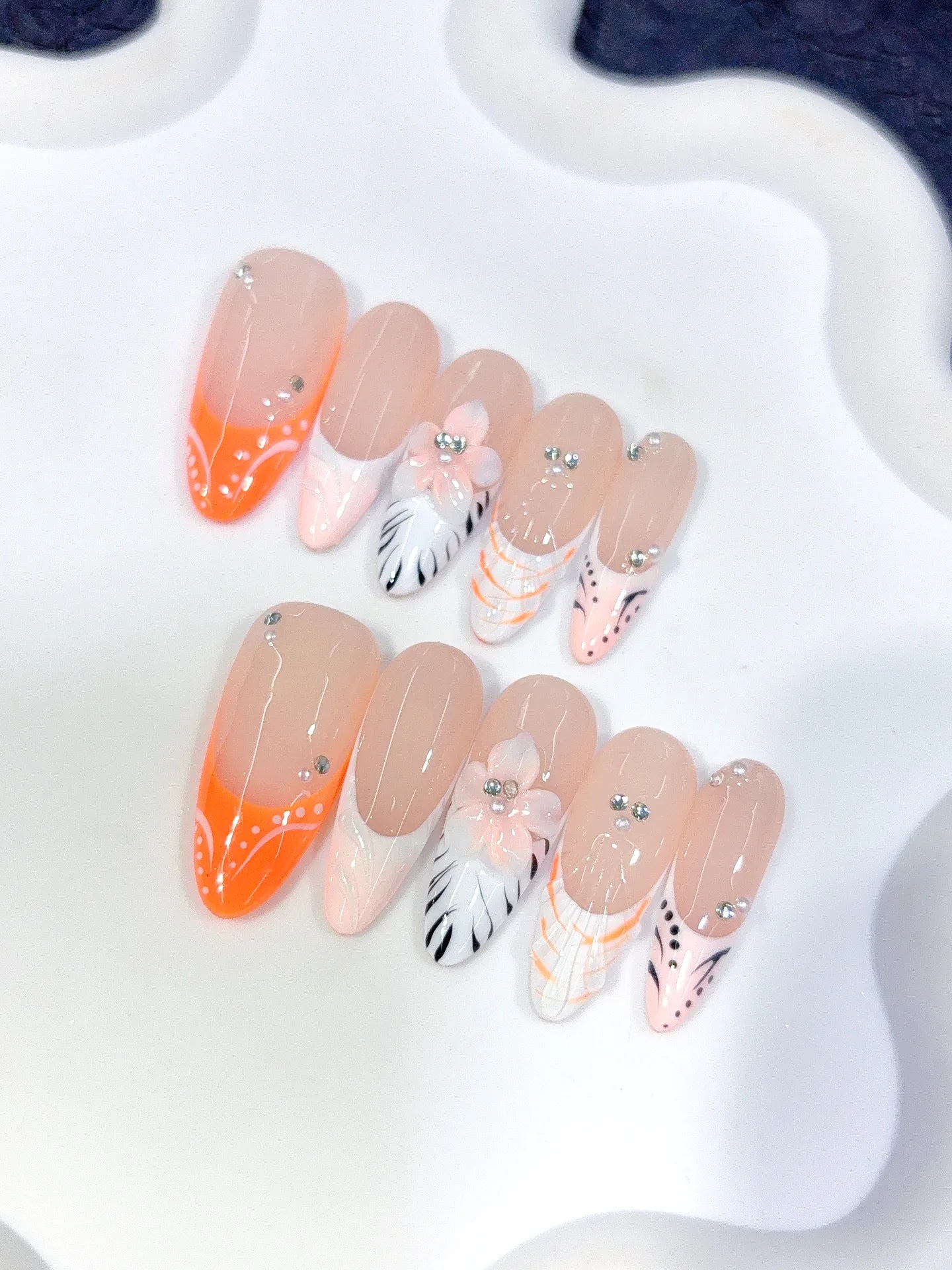 D649 - Long Nude Orange Almond French Tip Silver Line Bows - view 5