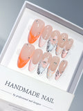 D649 - Long Nude Orange Almond French Tip Silver Line Bows - view 2