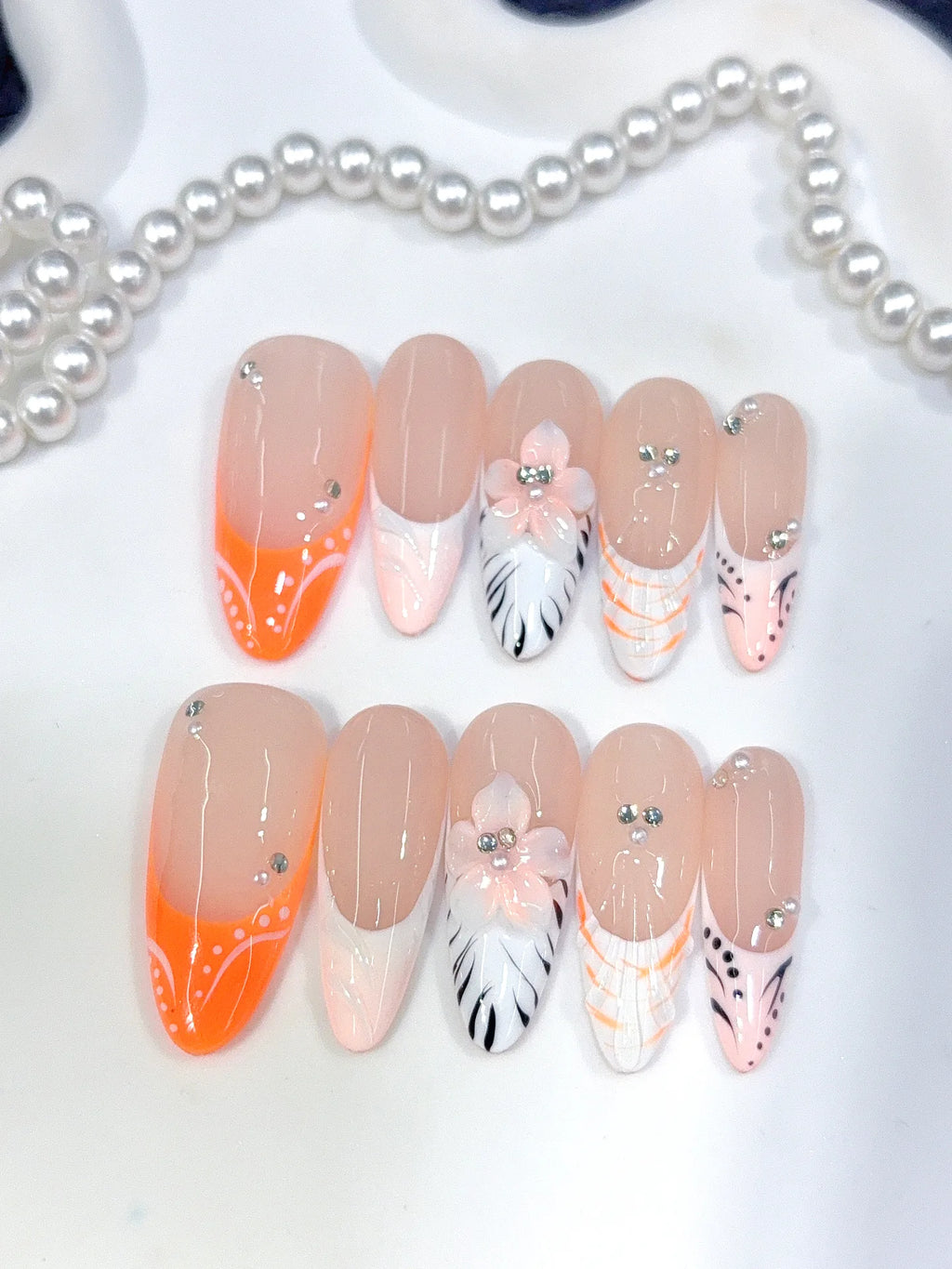 D649 - Long Nude Orange Almond French Tip Silver Line Bows - view 6