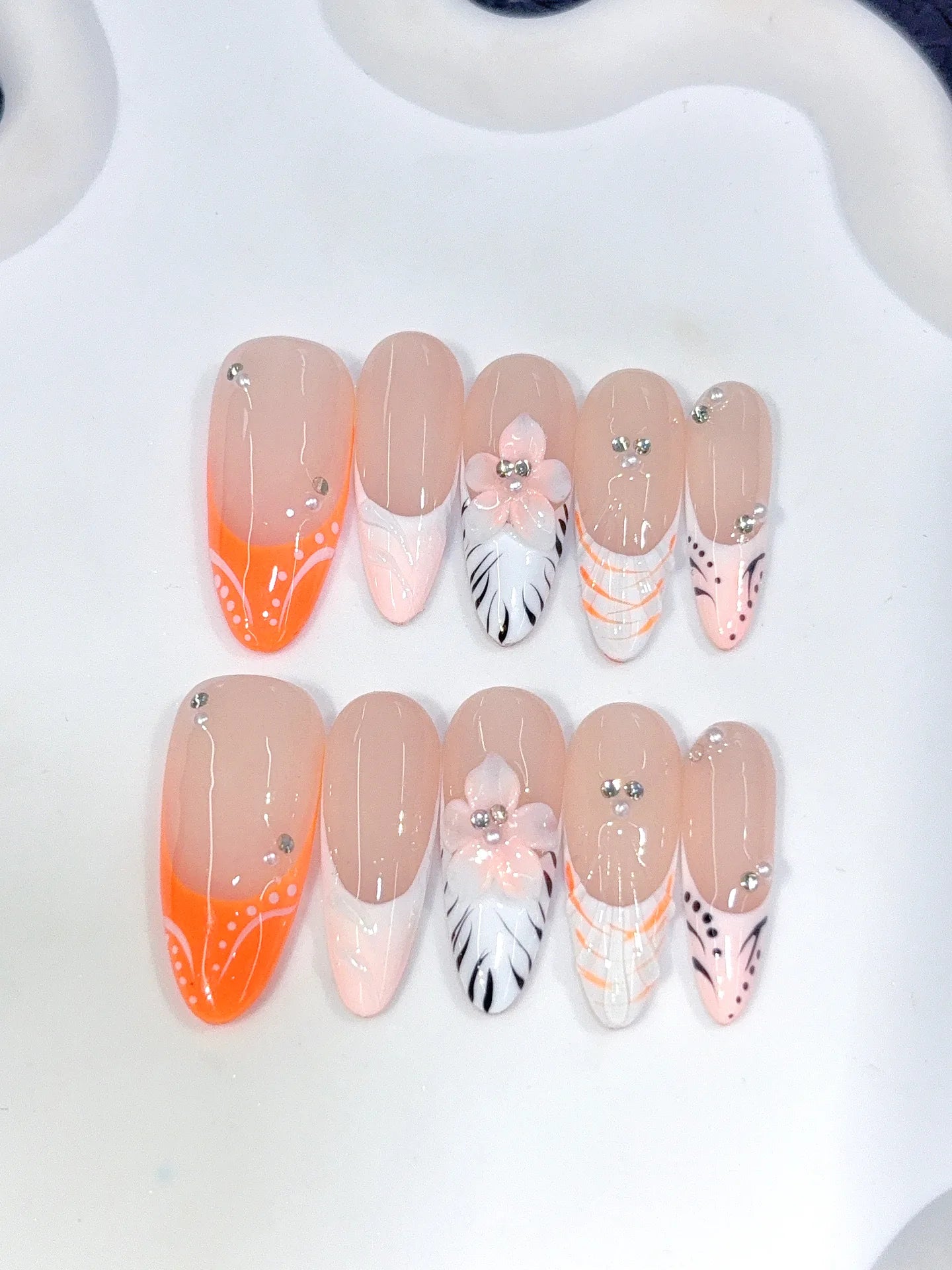 D649 - Long Nude Orange Almond French Tip Silver Line Bows - view 7