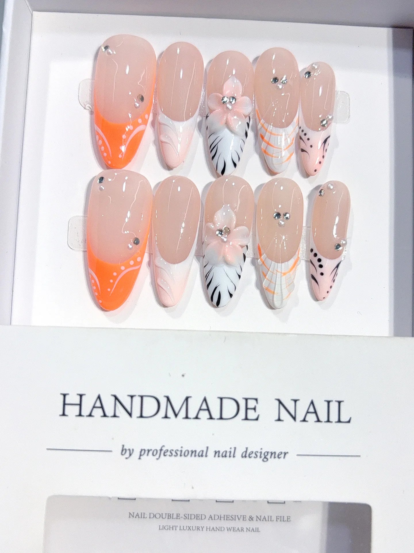 D649 - Long Nude Orange Almond French Tip Silver Line Bows - view 3