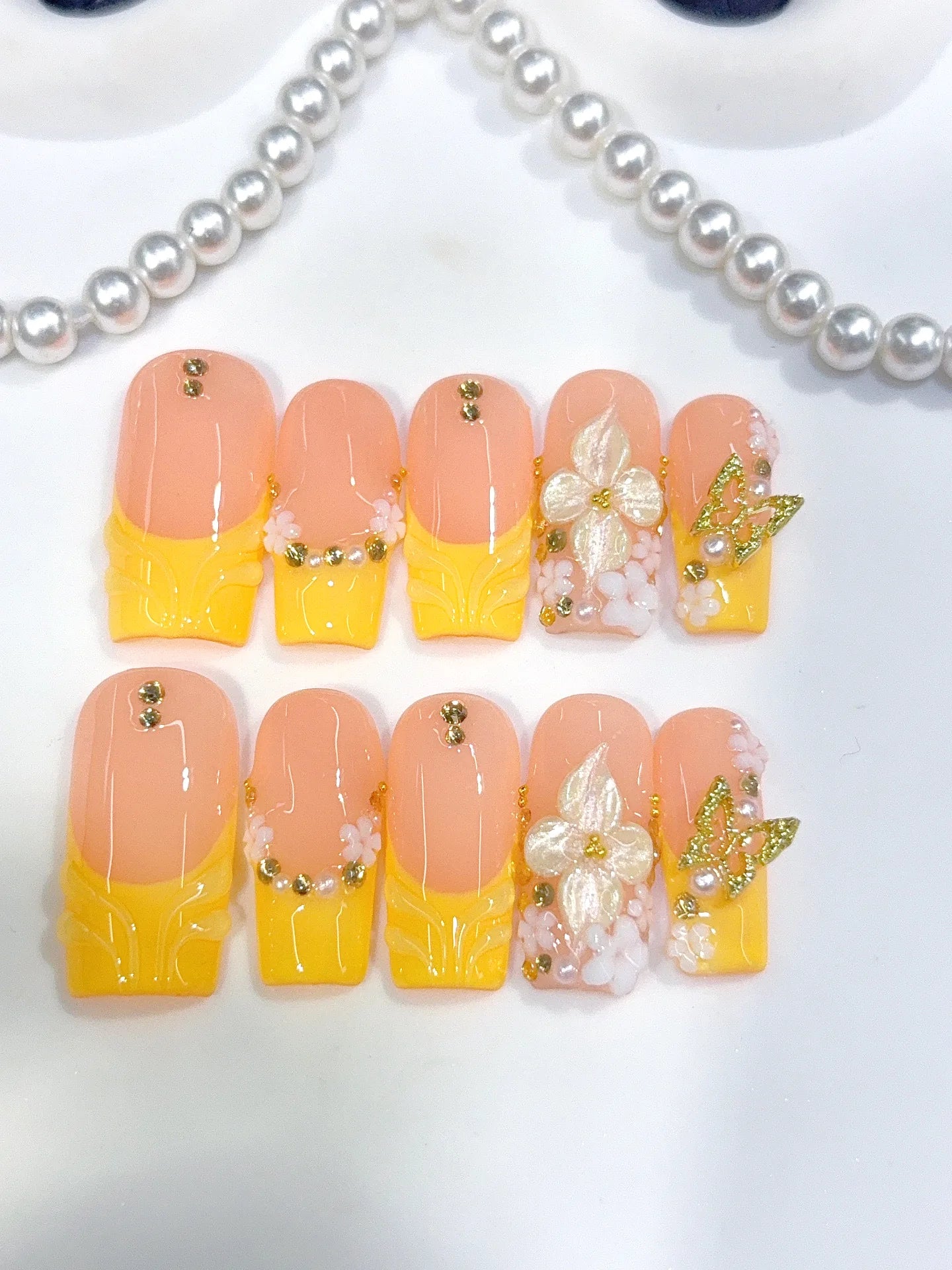D650 - Medium Long Nude Yellow Square French Tip 3D Flowers - view 5
