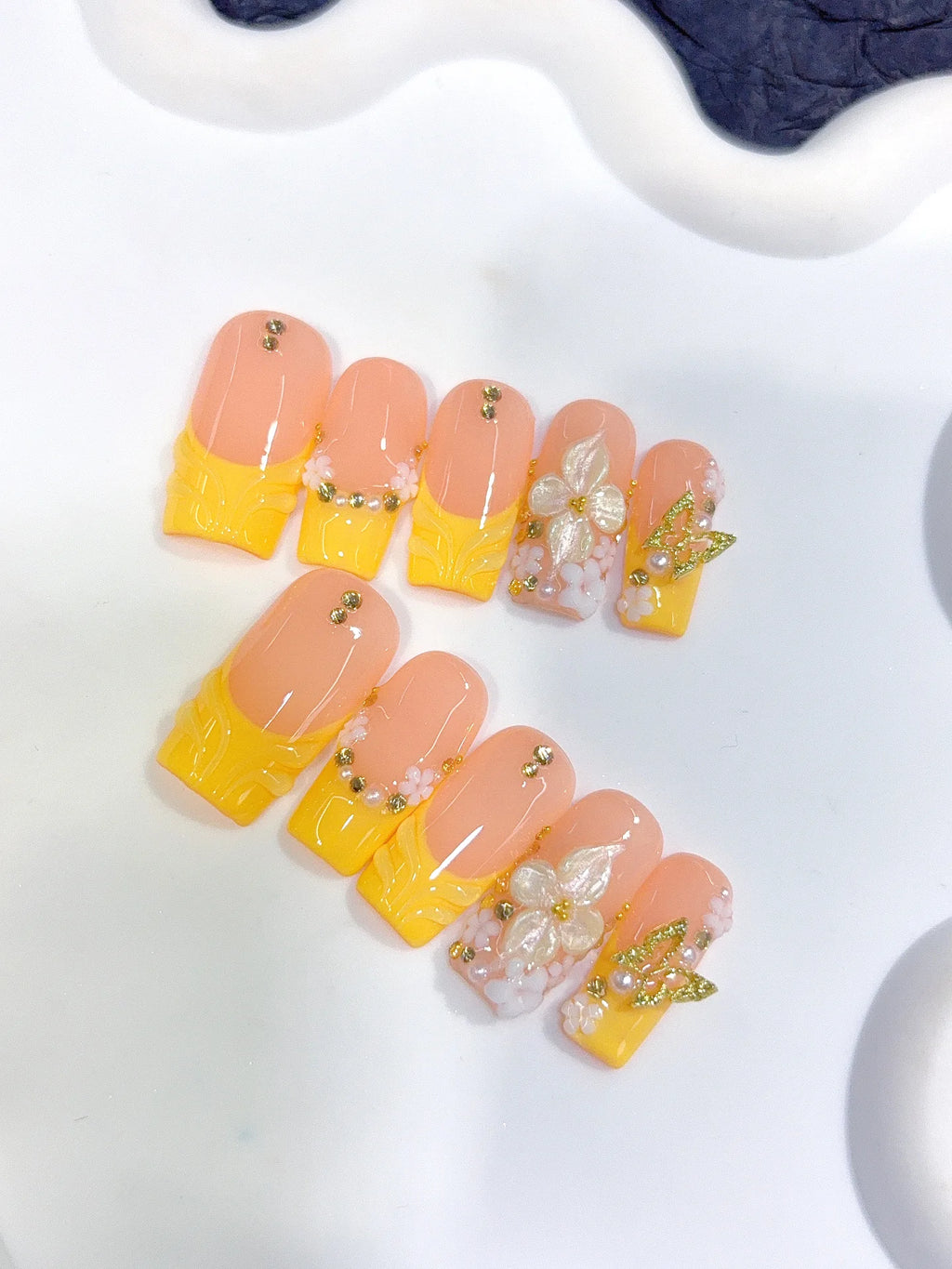 D650 - Medium Long Nude Yellow Square French Tip 3D Flowers - view 2