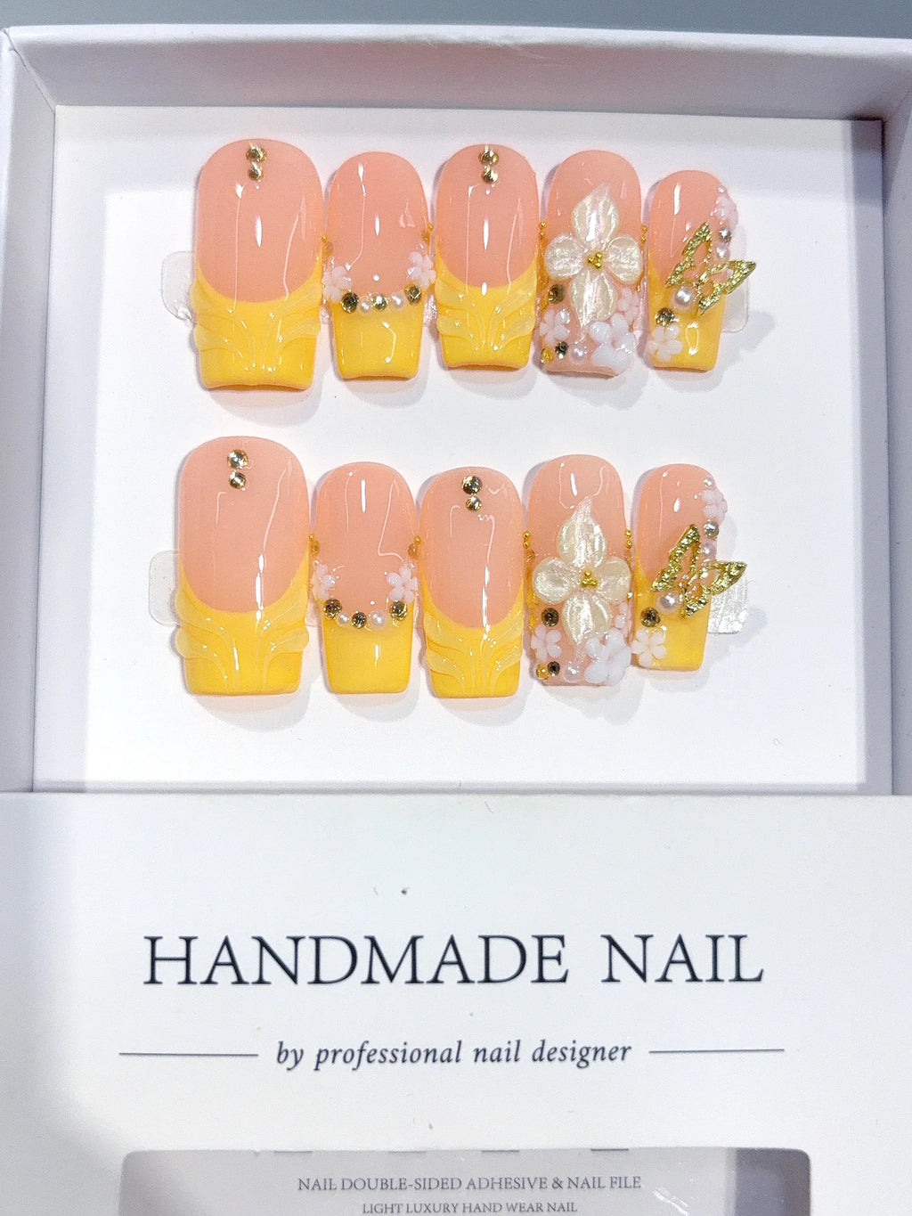 D650 - Medium Long Nude Yellow Square French Tip 3D Flowers - view 6