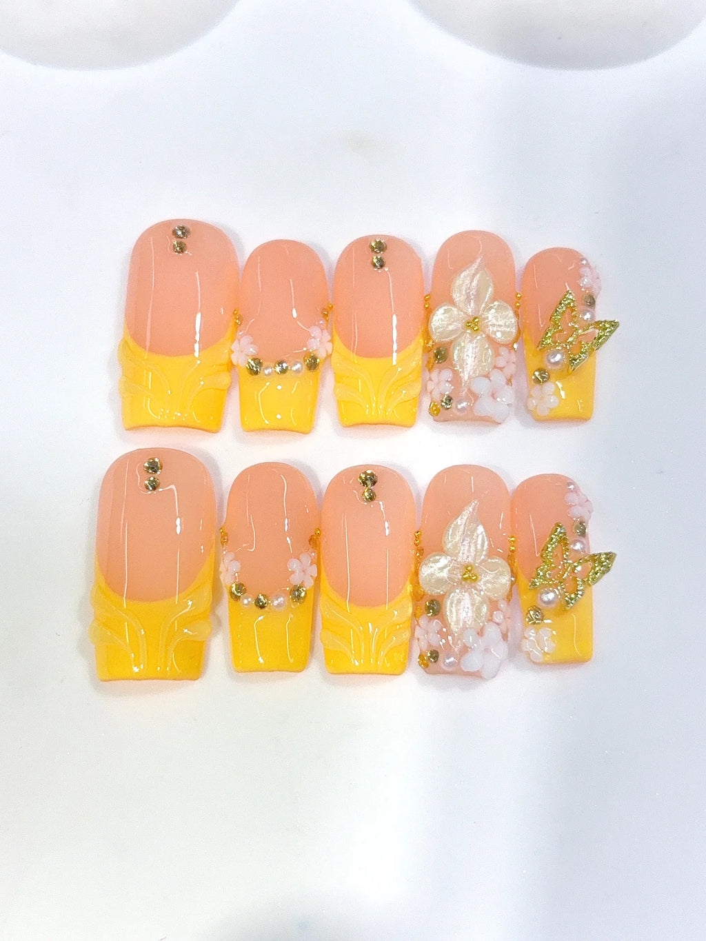 D650 - Medium Long Nude Yellow Square French Tip 3D Flowers - view 7