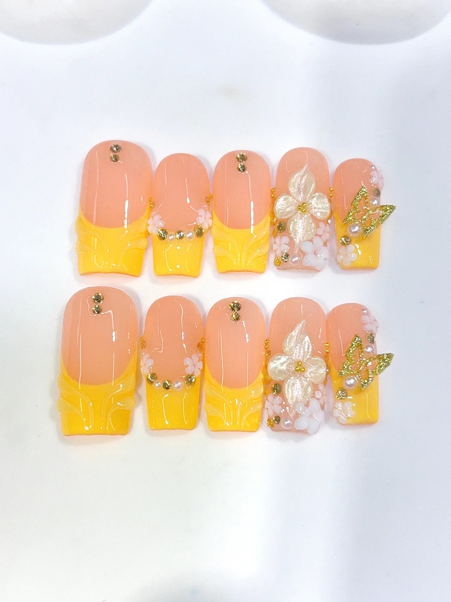 D650 - Medium Long Nude Yellow Square French Tip 3D Flowers - view 7