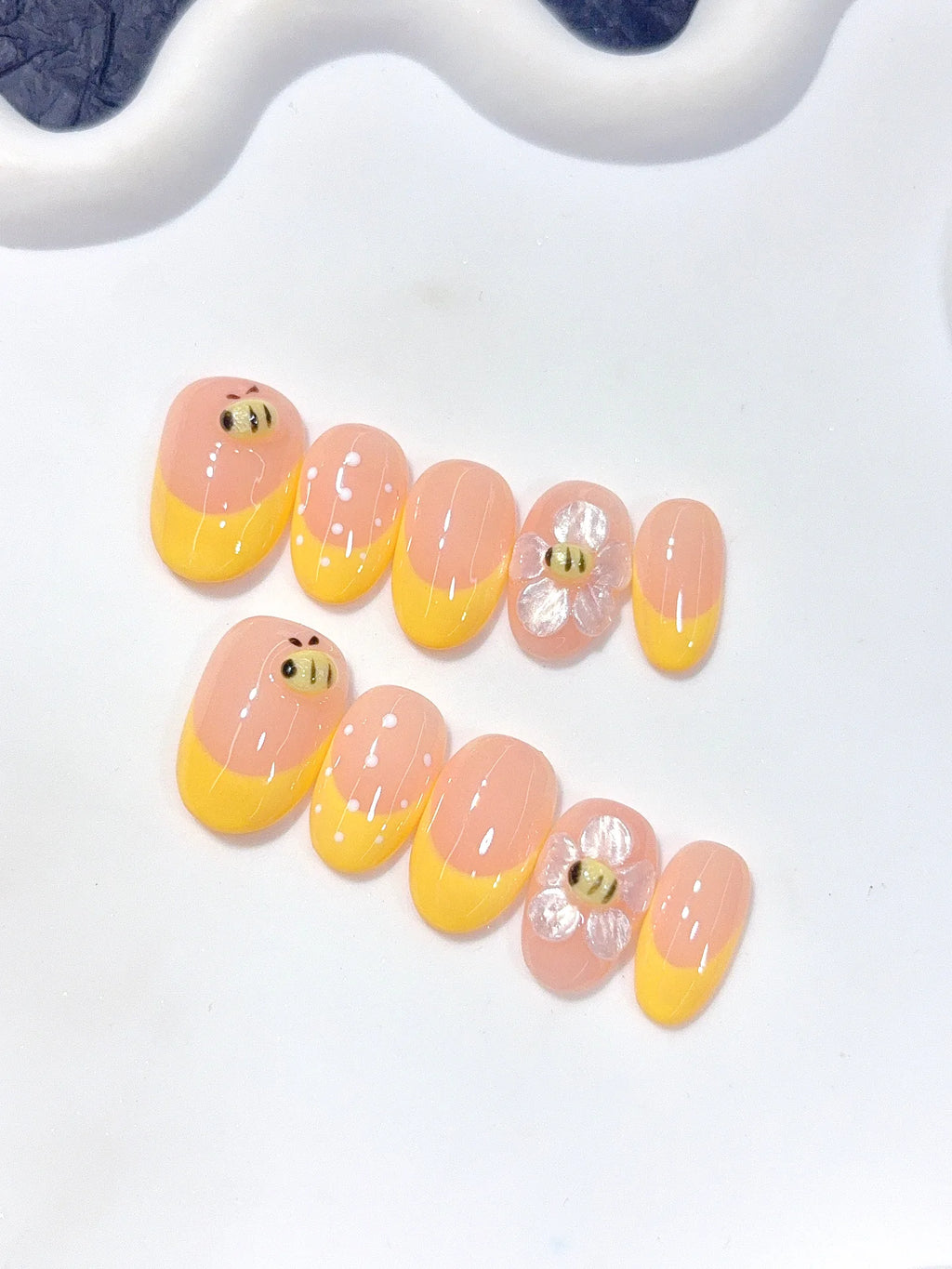 D651 - Short Nude Yellow Oval French Tip Polka Dot Bee - view 4