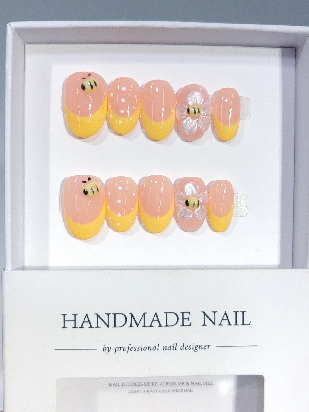 D651 - Short Nude Yellow Oval French Tip Polka Dot Bee - view 2