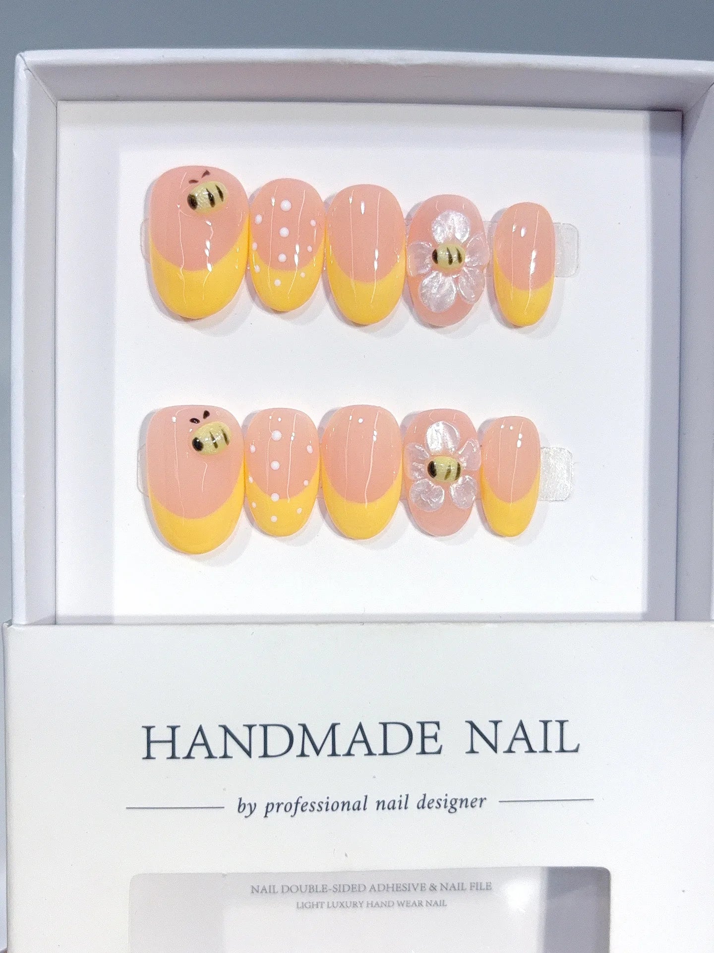 D651 - Short Nude Yellow Oval French Tip Polka Dot Bee - view 2