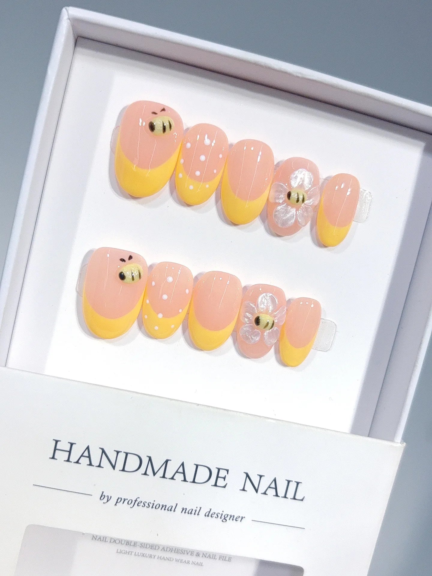 D651 - Short Nude Yellow Oval French Tip Polka Dot Bee - view 3