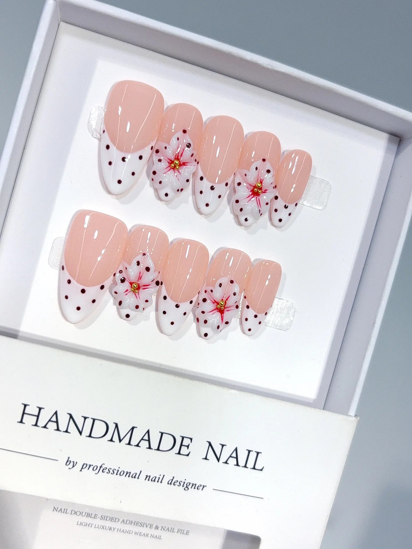 D652 - Medium Nude Pink Almond French Tip Polka Dot Bows - view 4