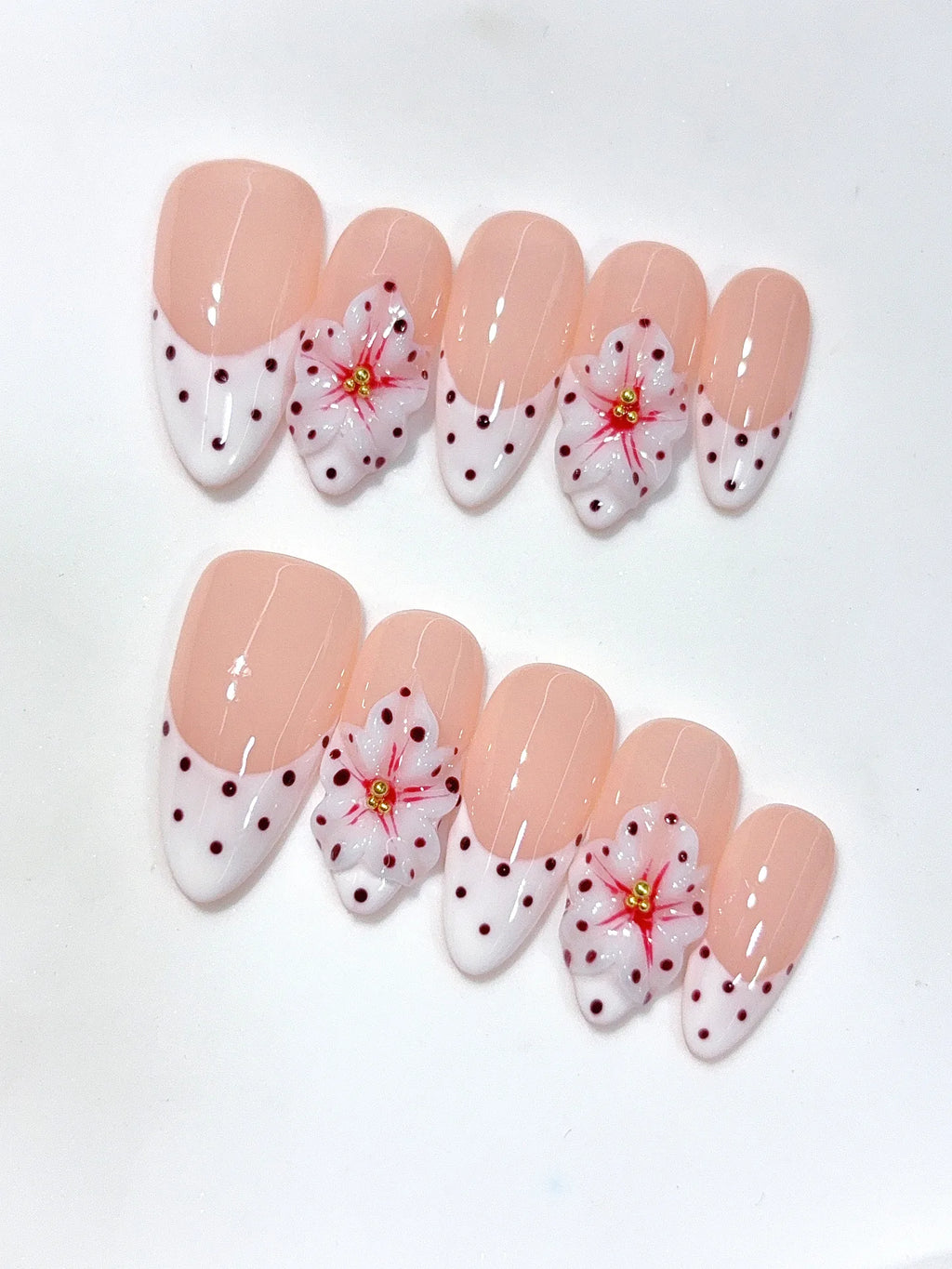 D652 - Medium Nude Pink Almond French Tip Polka Dot Bows - view 5