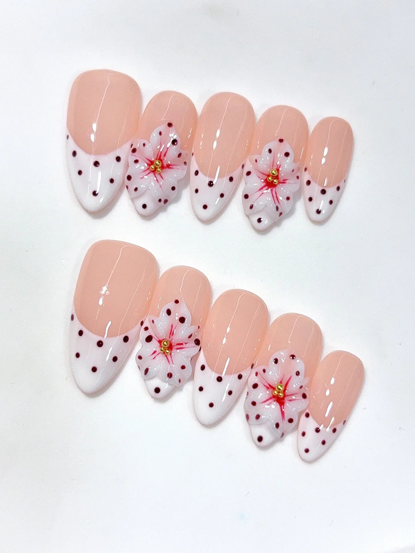 D652 - Medium Nude Pink Almond French Tip Polka Dot Bows - view 5