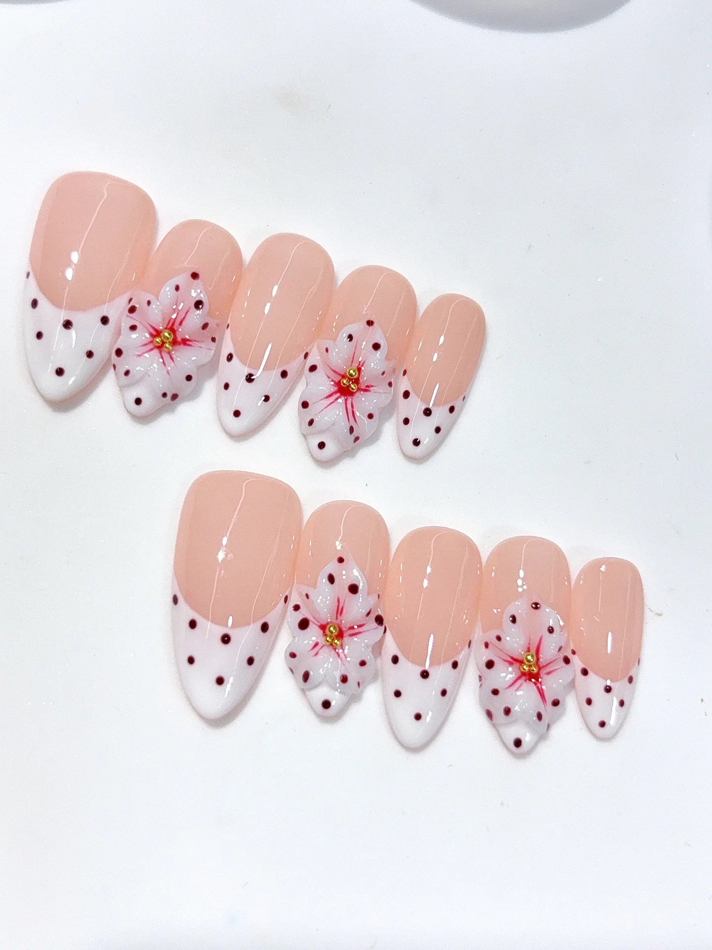 D652 - Medium Nude Pink Almond French Tip Polka Dot Bows - view 2