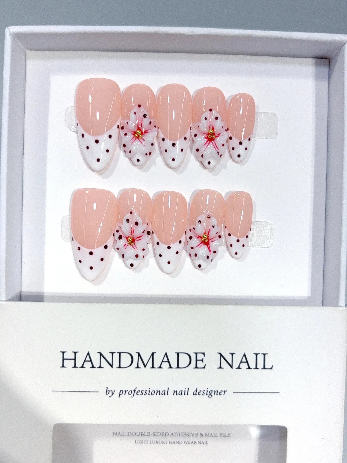 D652 - Medium Nude Pink Almond French Tip Polka Dot Bows - view 6