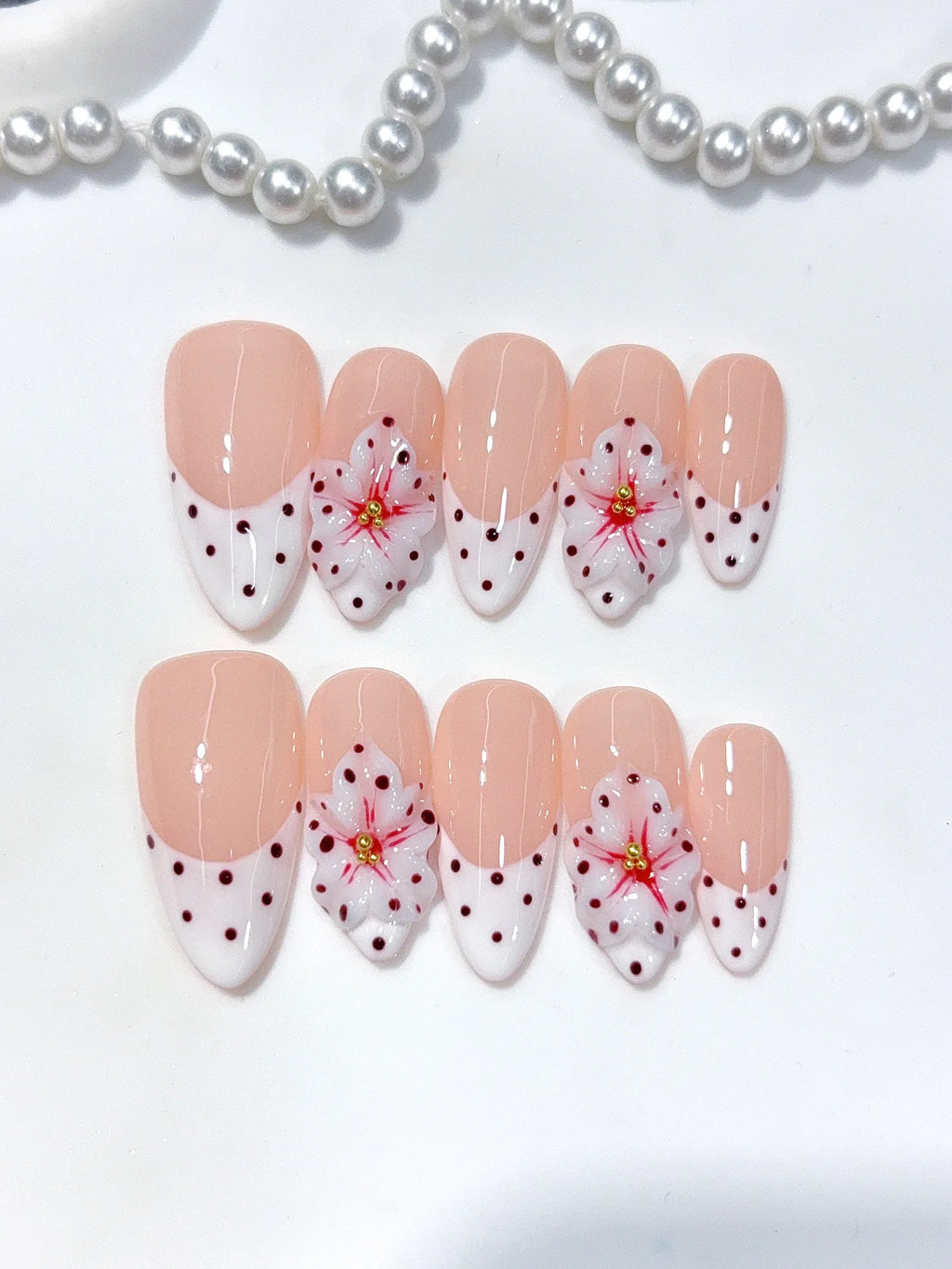 D652 - Medium Nude Pink Almond French Tip Polka Dot Bows - view 7