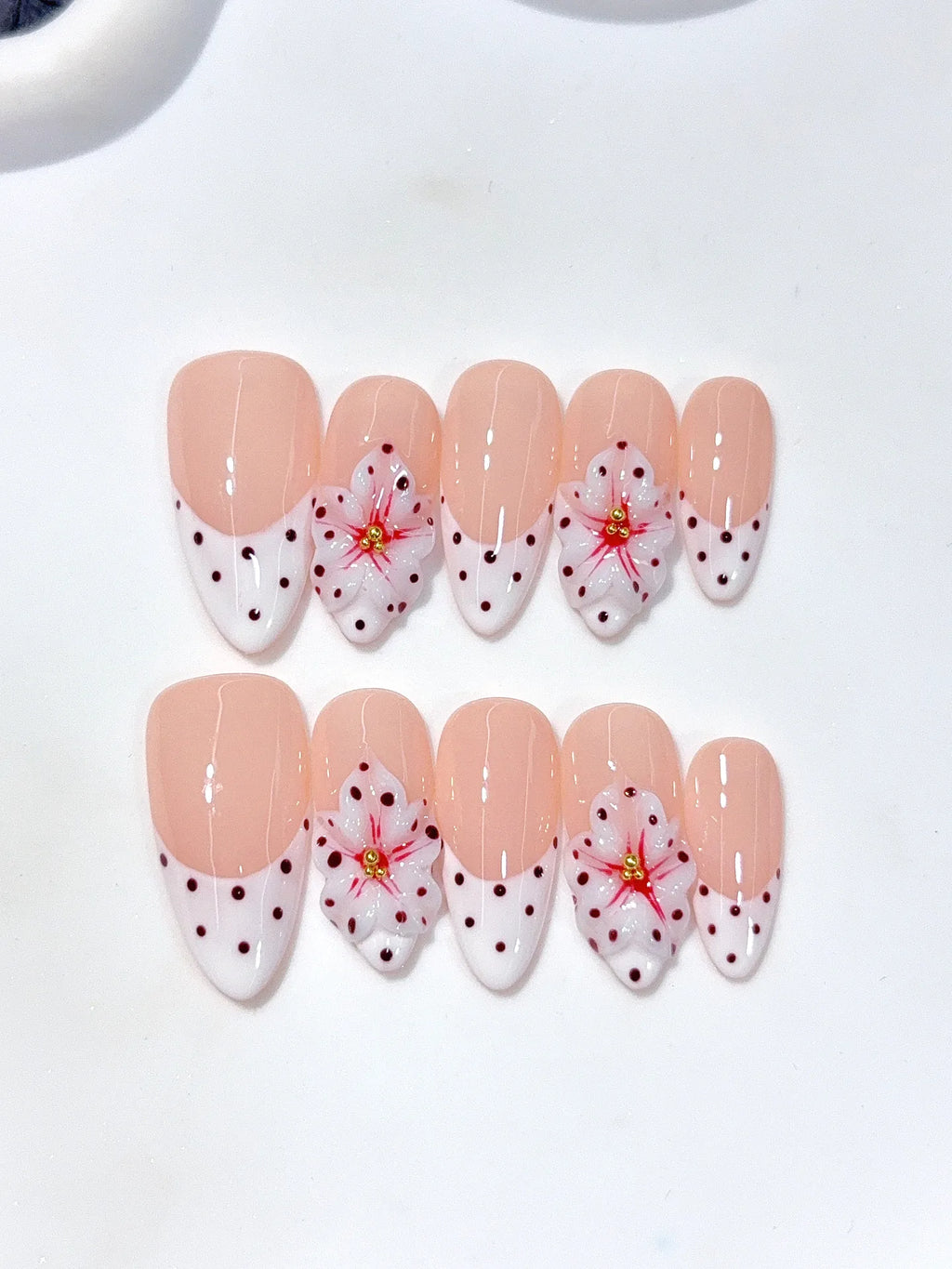D652 - Medium Nude Pink Almond French Tip Polka Dot Bows - view 3