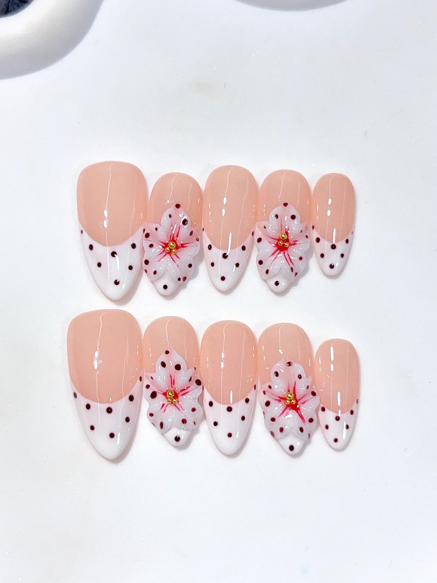 D652 - Medium Nude Pink Almond French Tip Polka Dot Bows - view 3