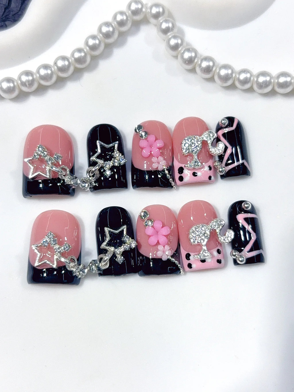 D653 - Short Pink Black Duck French Tip Rhinestones - view 4