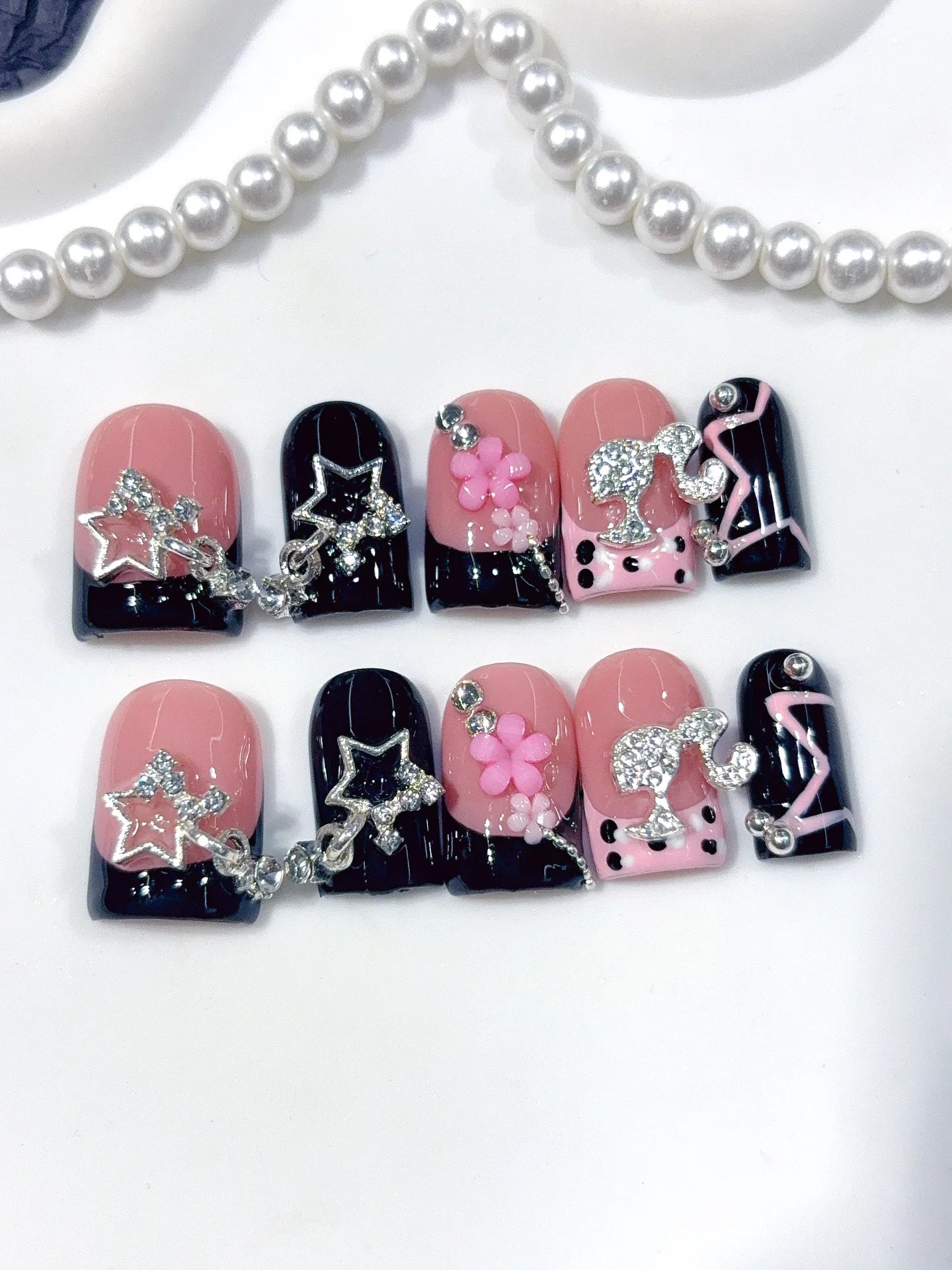 D653 - Short Pink Black Duck French Tip Rhinestones - view 4